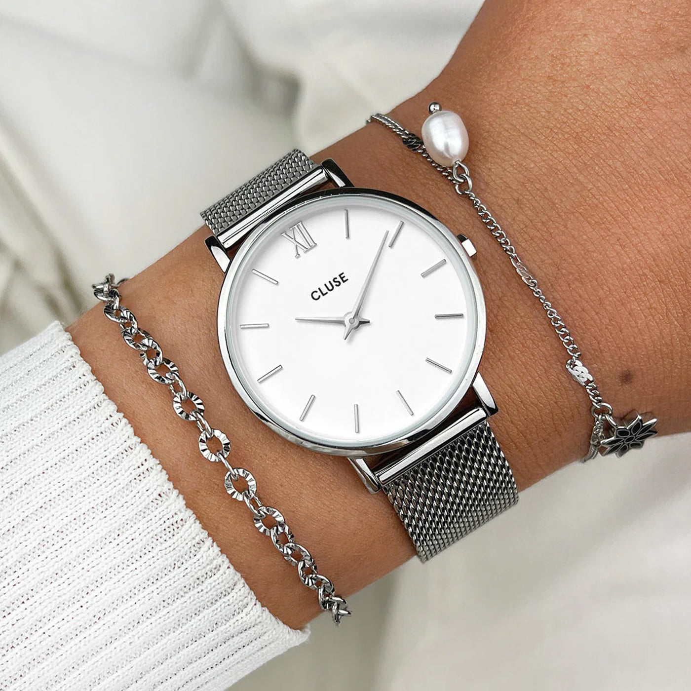 Cluse Minuit Watch Mesh, White, Silver Colour