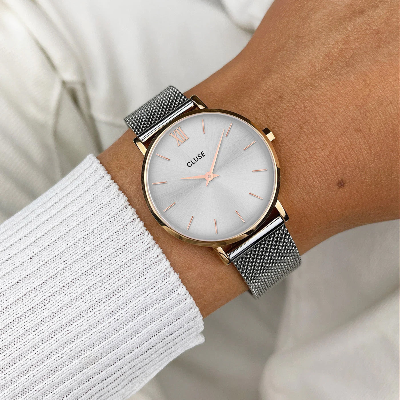 CLUSE Boho Chic Petite Watch Mesh, White, Rose Gold Colour