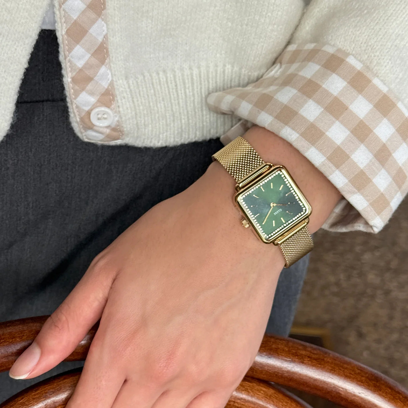 Cluse La Tétragone Watch Mesh stones Green, Gold Colour