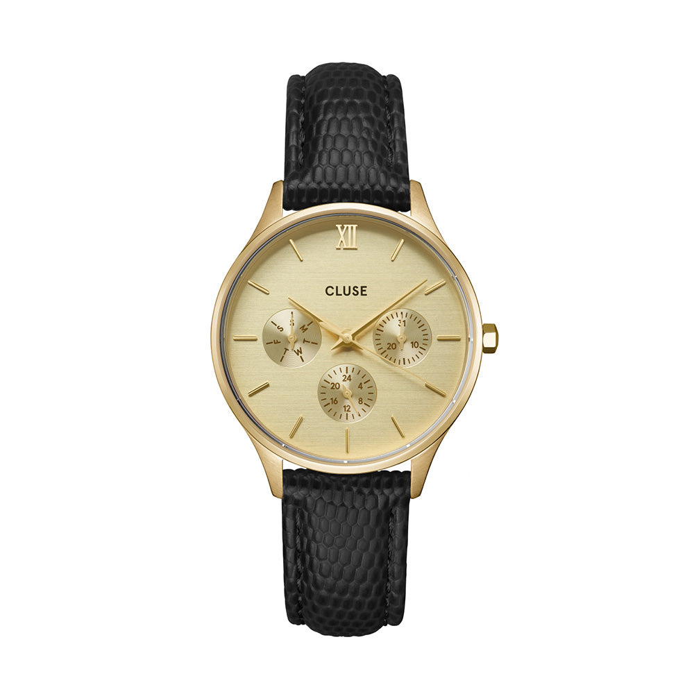 CLUSE Minuit Multifunction Watch Leather Black Lizard Gold Colour