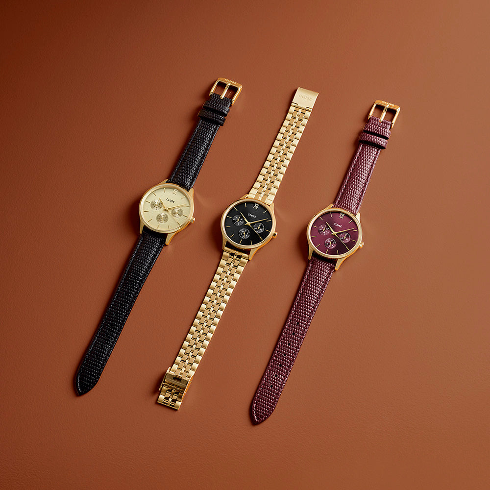 CLUSE Minuit Multifunction Watch Leather Black Lizard Gold Colour