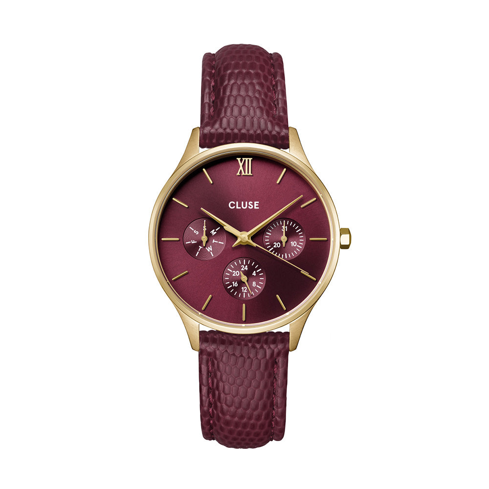 CLUSE Minuit Multifunction Watch Leather Dark Cherry Lizard Gold Colour