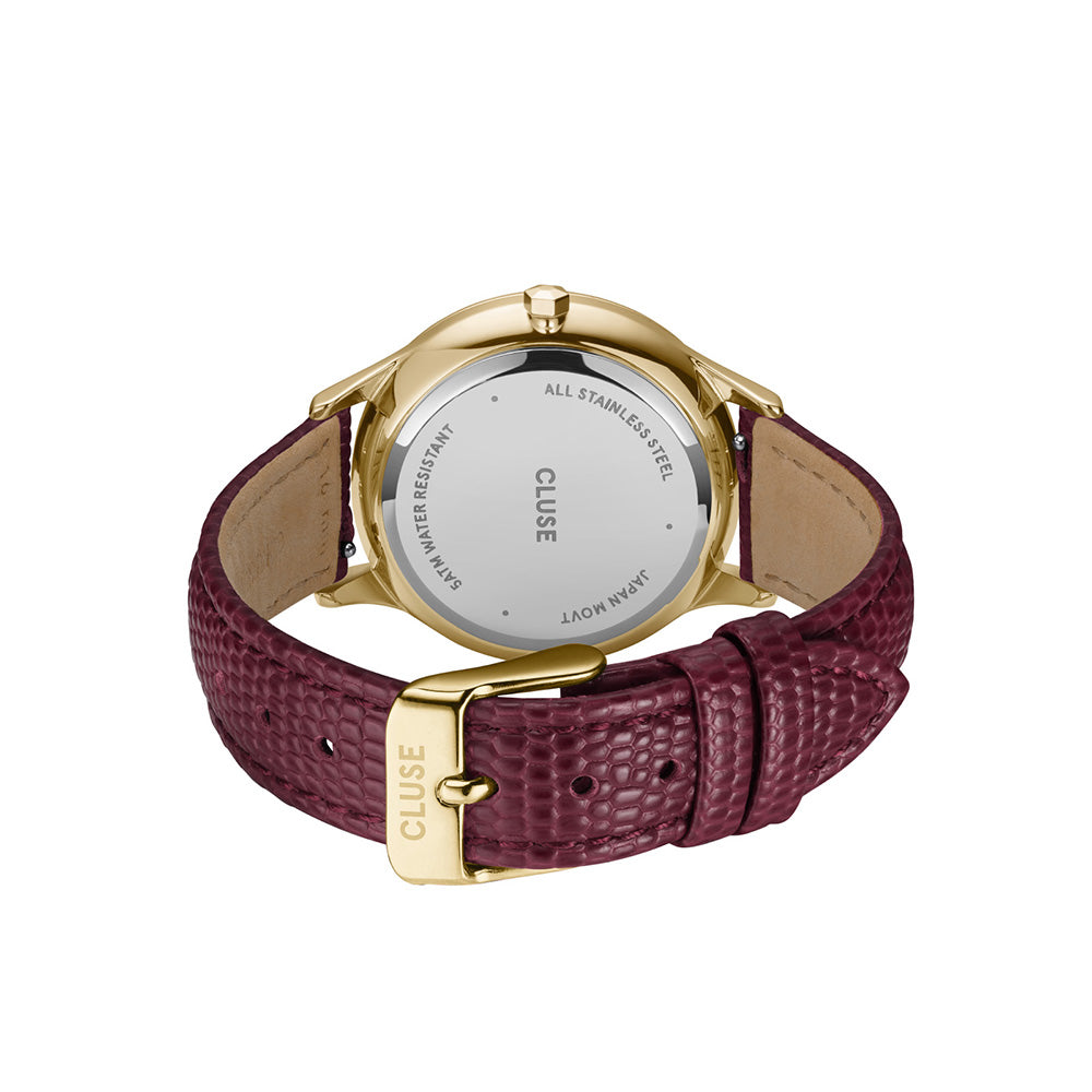 CLUSE Minuit Multifunction Watch Leather Dark Cherry Lizard Gold Colour