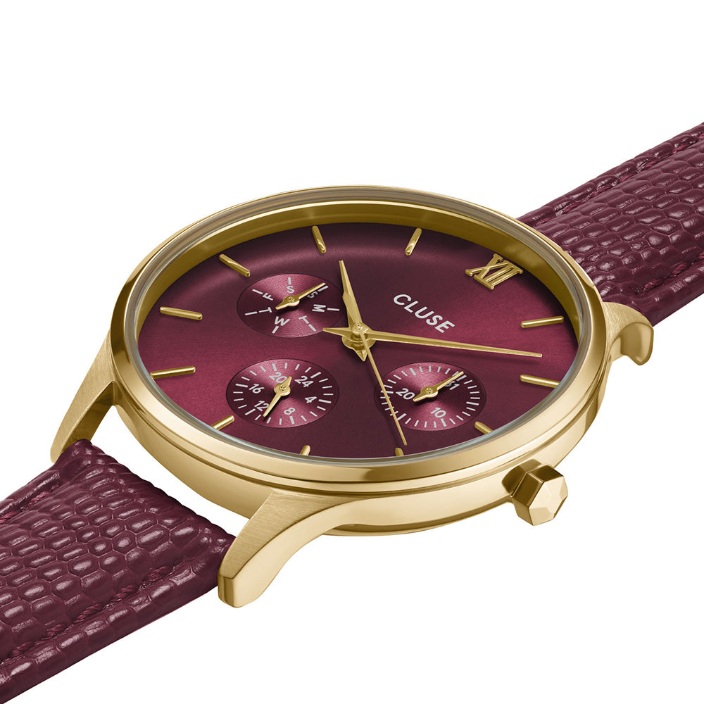 CLUSE Minuit Multifunction Watch Leather Dark Cherry Lizard Gold Colour