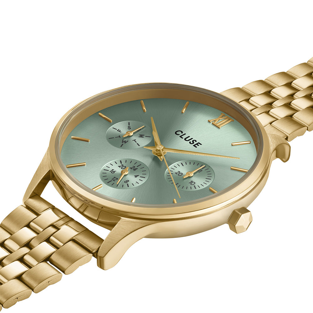 CLUSE Minuit Multifunction Watch Steel Sage Green Gold Colour