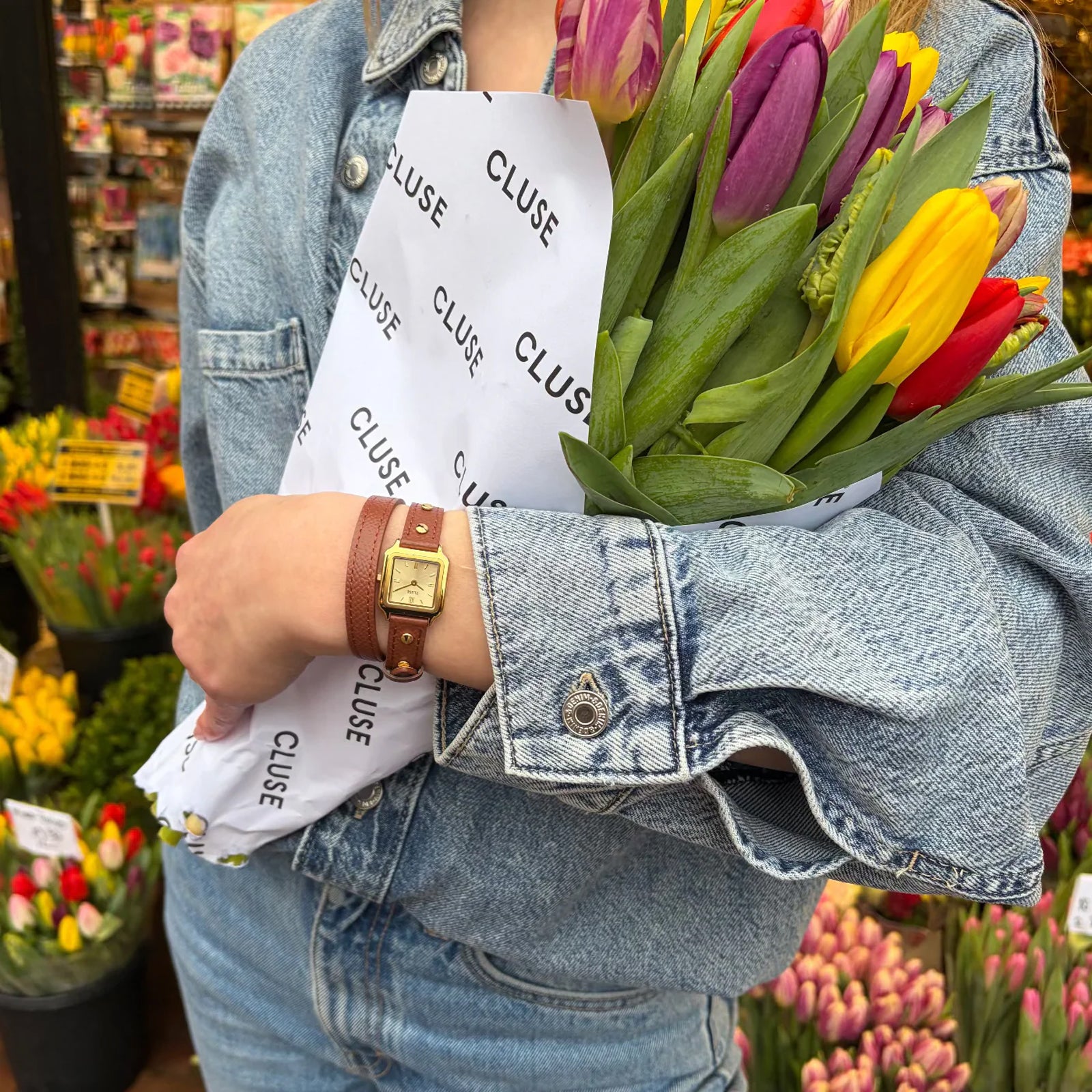 CLuse Mini Watch Double Leather Nutshell, Studs, Gold Colour