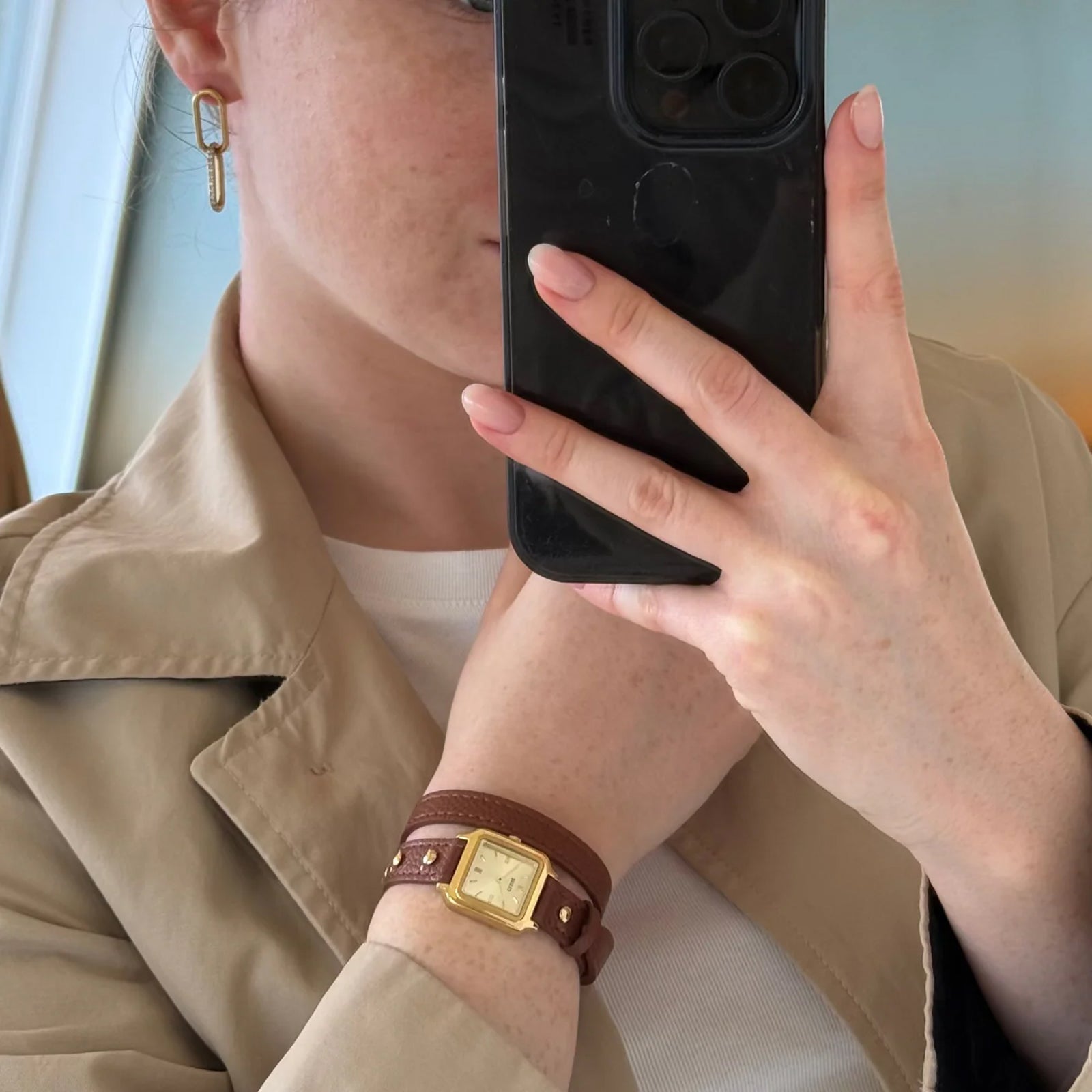 CLuse Mini Watch Double Leather Nutshell, Studs, Gold Colour