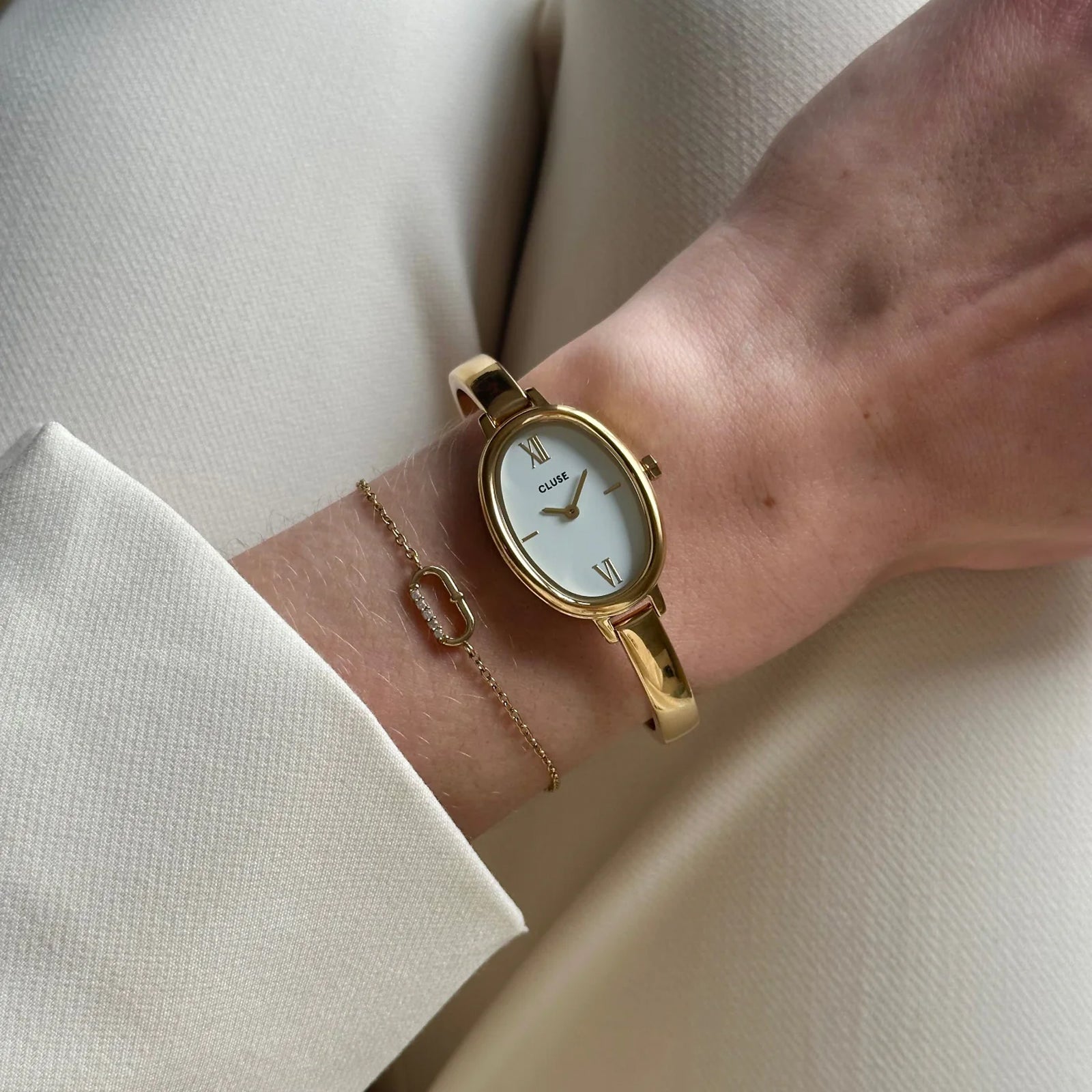 CLUSE Retro 70's Watch Steel Forest Green Gold Color