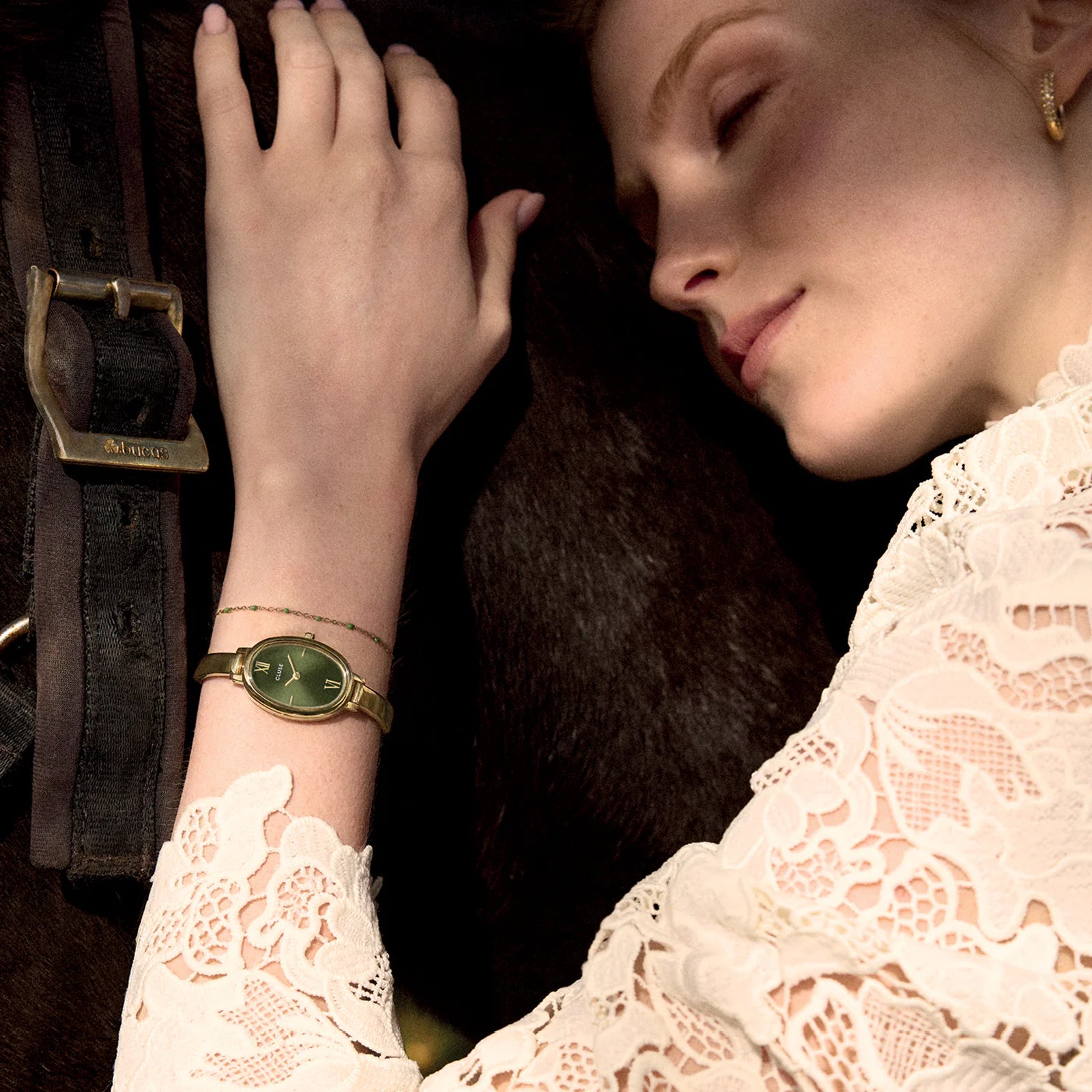 CLUSE Retro 70's Watch Steel Forest Green Gold Color