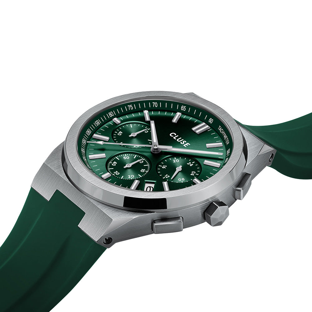 CLUSE Vigoureux Chrono Silicone Green, Silver Colour