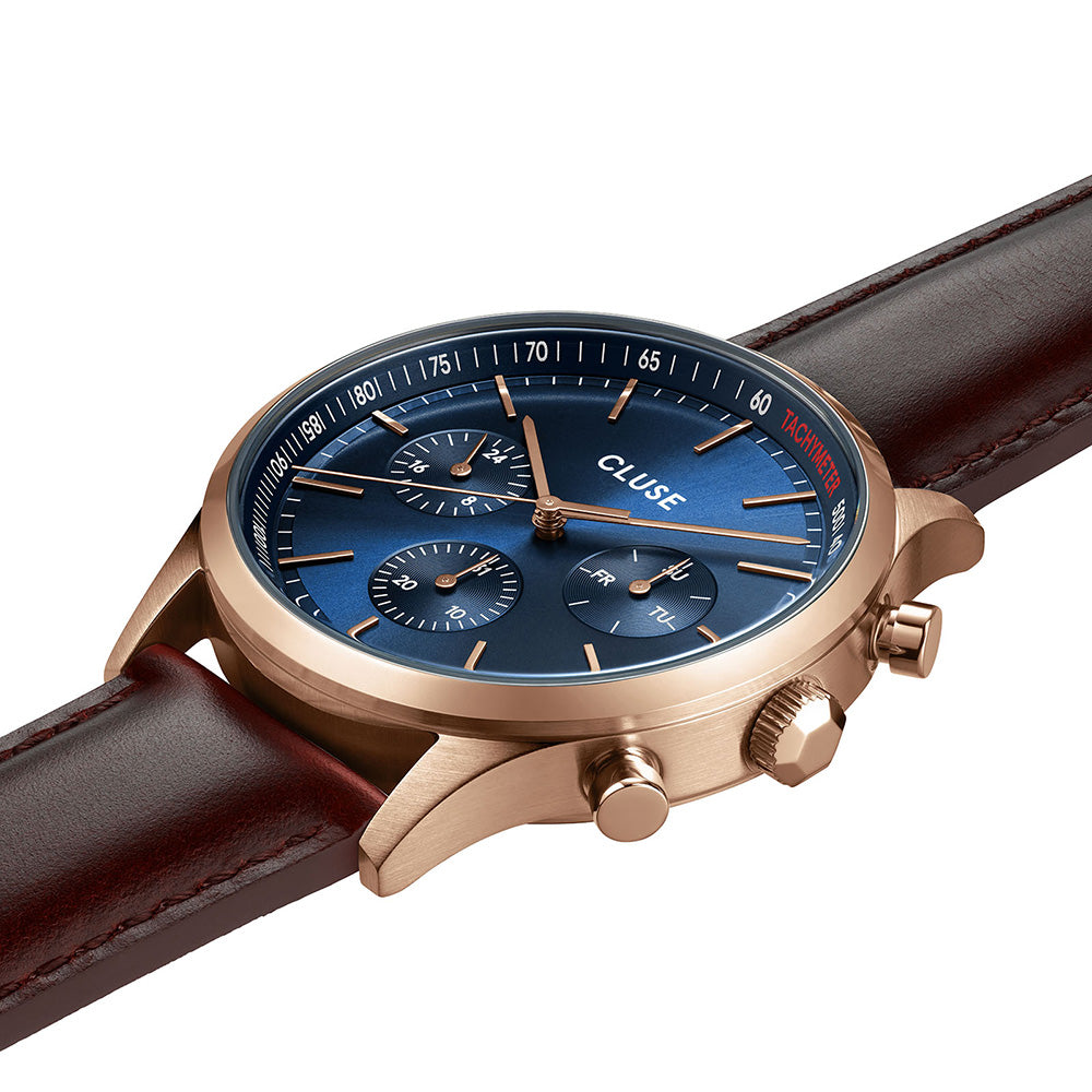CLUSE Anthéor Multifunction Watch Leather Blue Rose Gold Colour