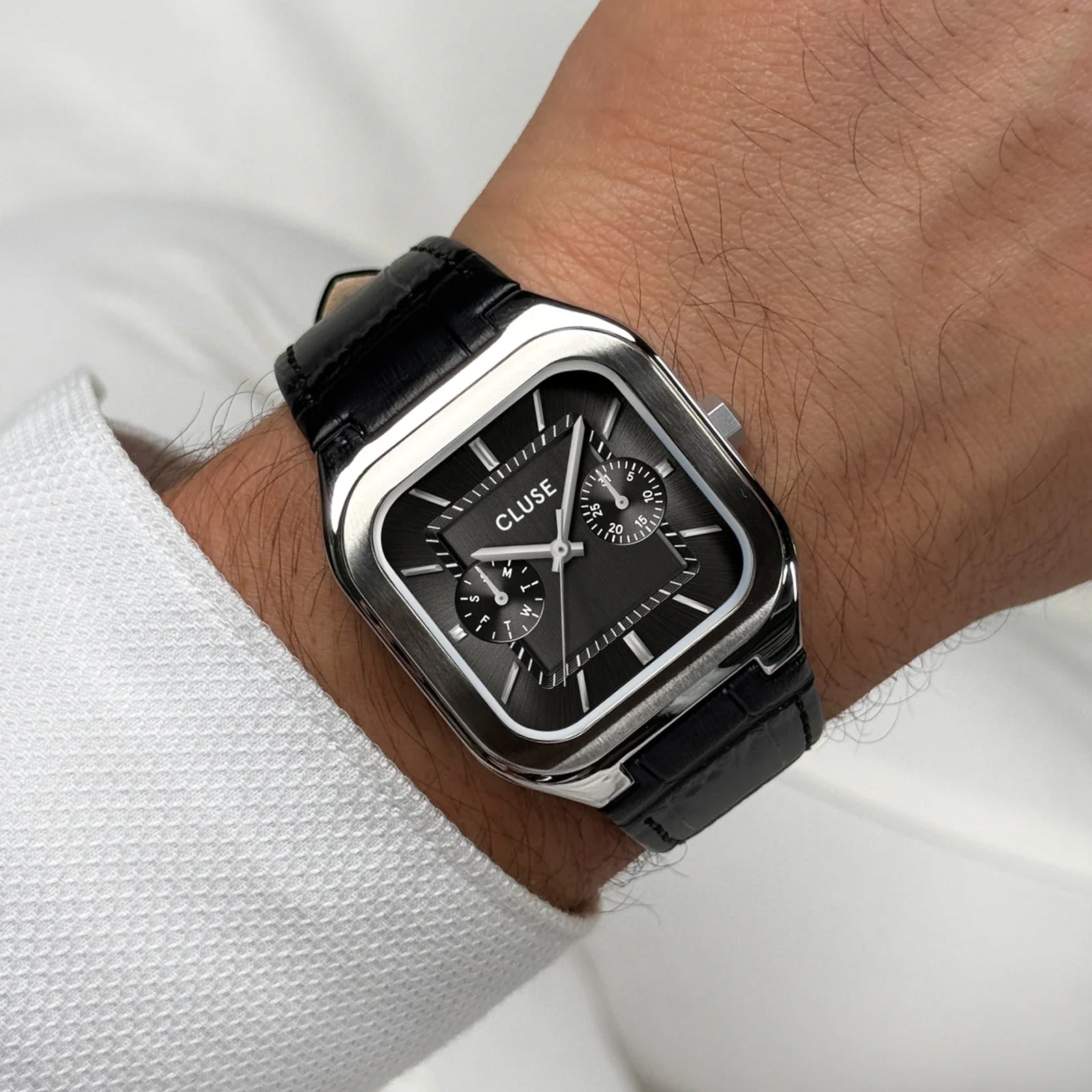 CLUSE Quadrus Multifunction Watch Leather, Black, Silver Colour