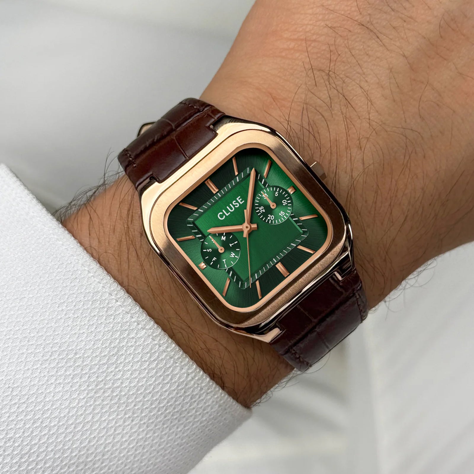 CLUSE Quadrus Multifunction Watch Leather, Green, Rose Gold Color
