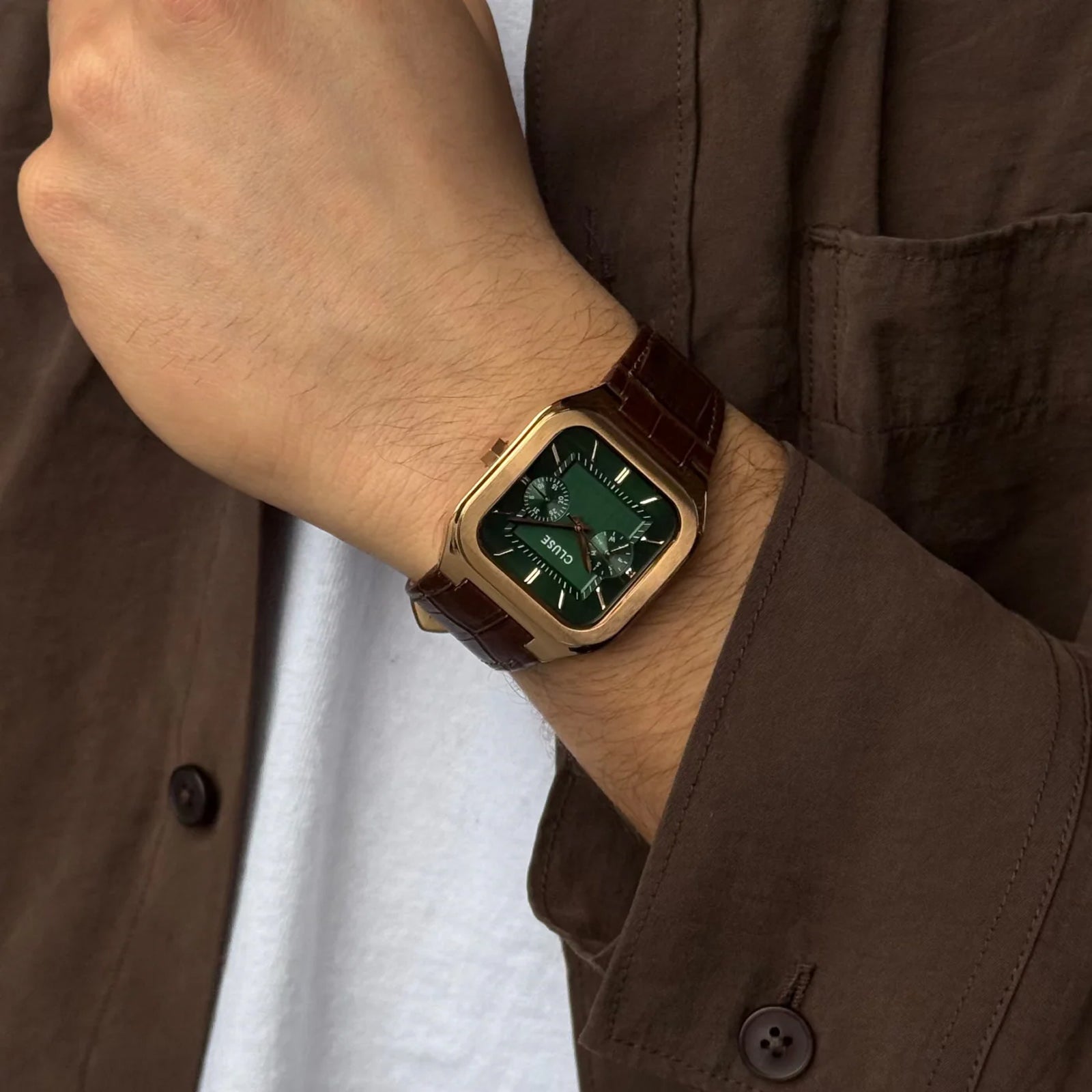 CLUSE Quadrus Multifunction Watch Leather, Green, Rose Gold Color