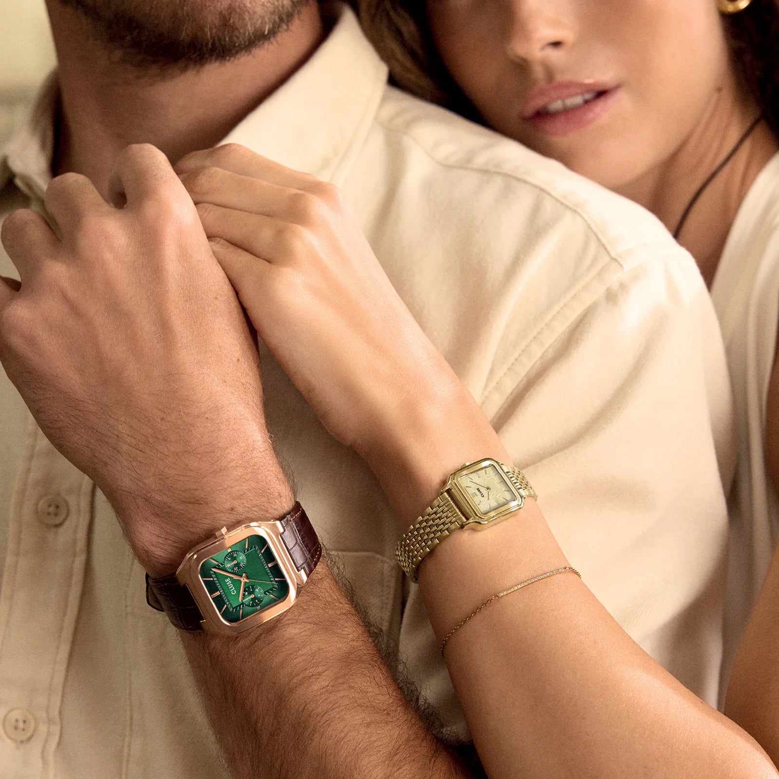 CLUSE Quadrus Multifunction Watch Leather, Green, Rose Gold Color