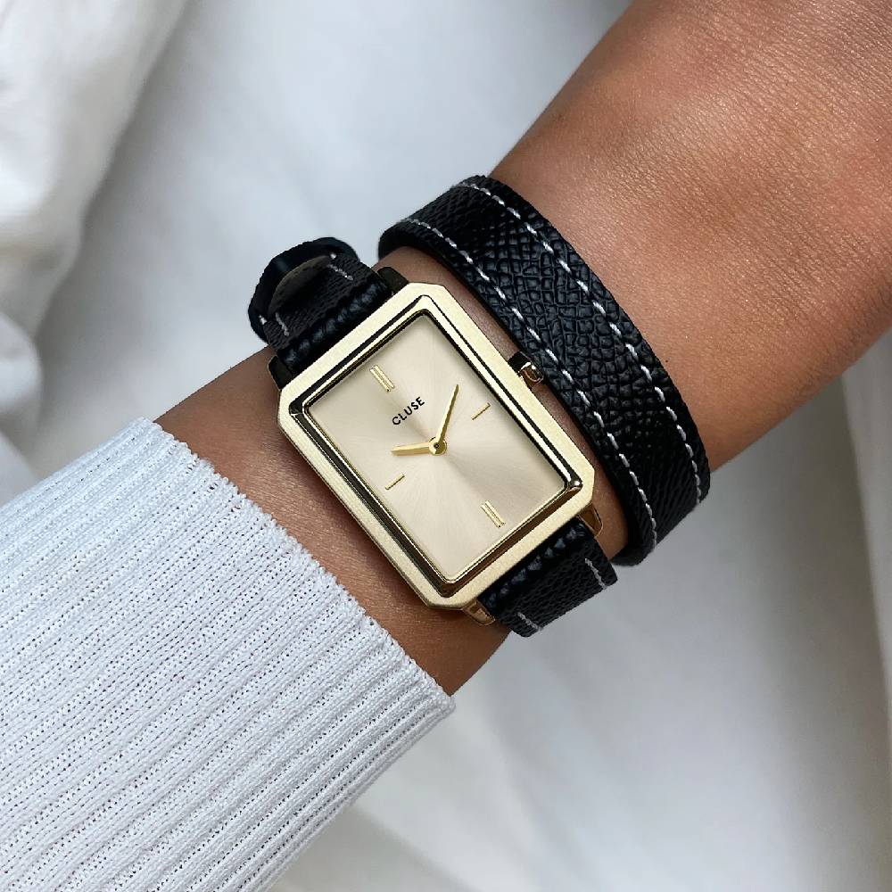 CLUSE Fluette Watch Double Leather Black Full Gold Colour