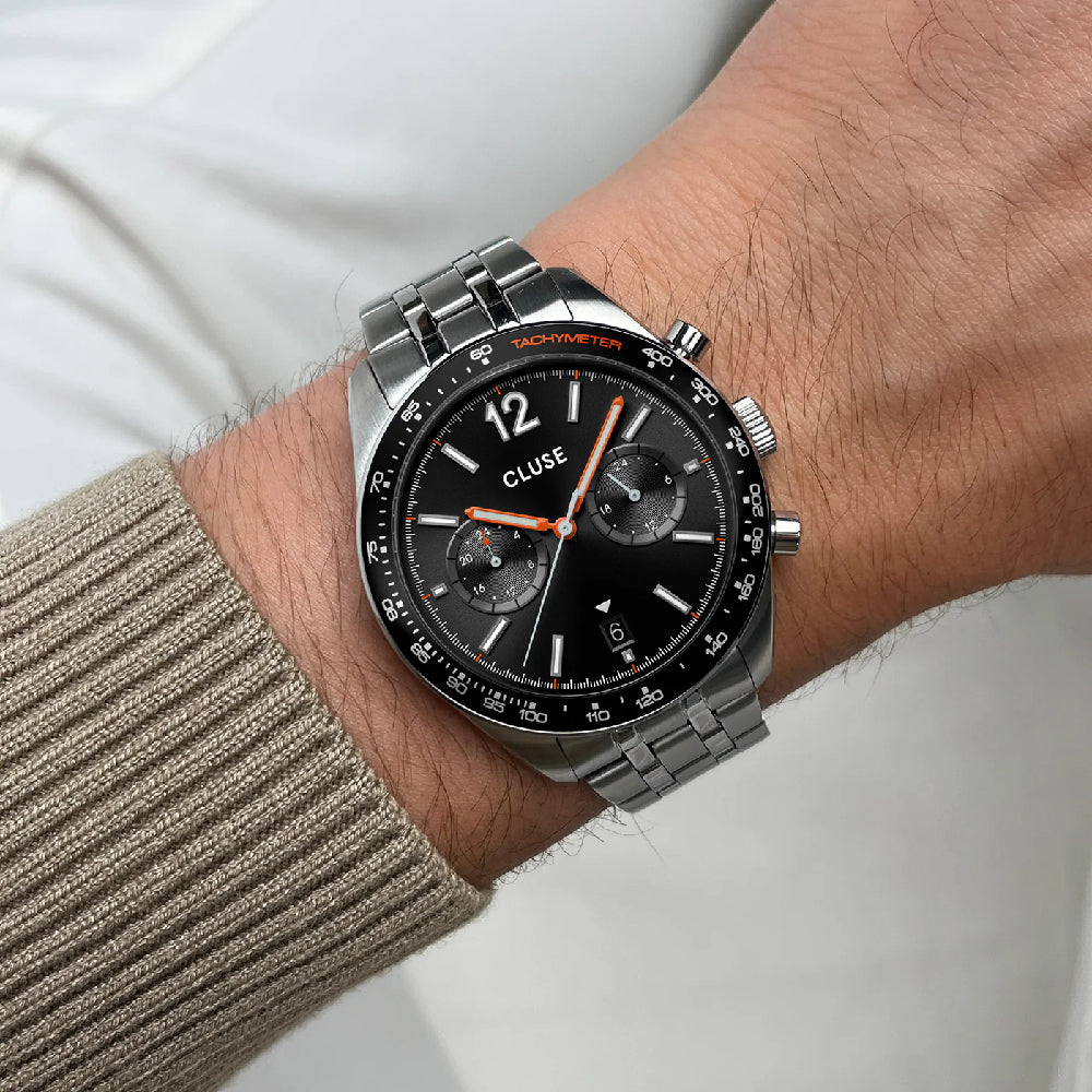 CLUSE Aravis Dual Timer Watch Steel Black Silver Colour