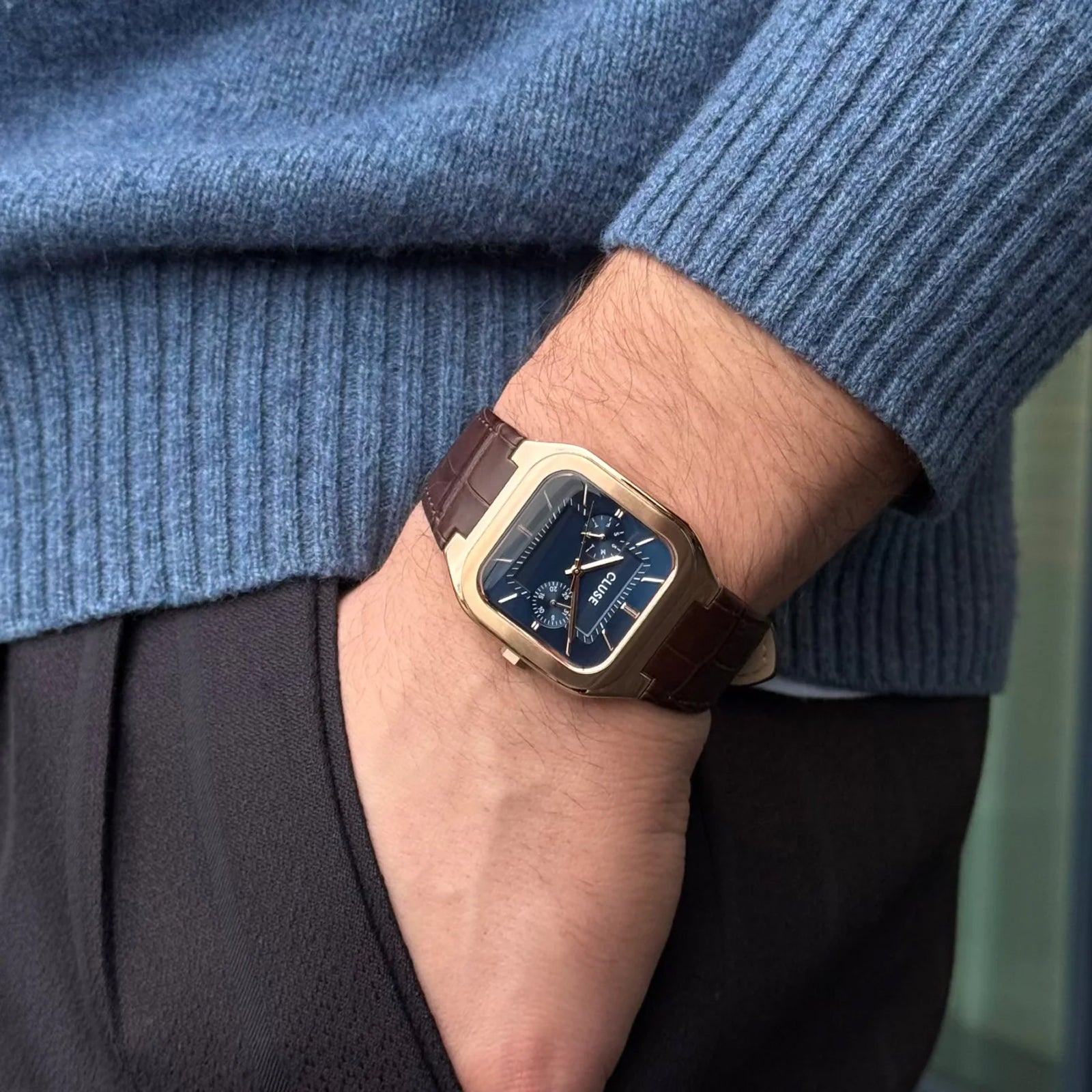 CLUSE Quadrus Multifunction Watch Leather, Blue, Rose Gold Colour