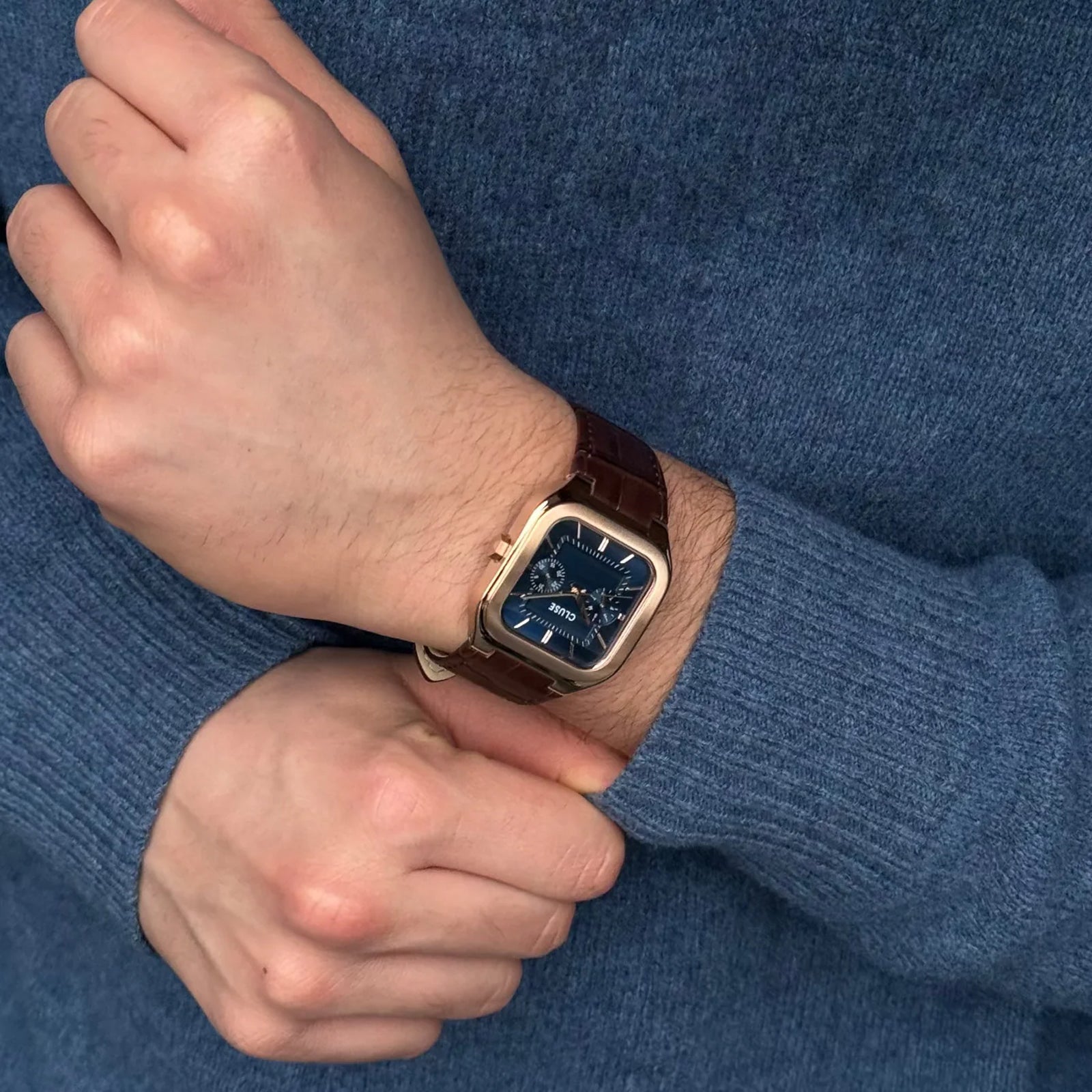 CLUSE Quadrus Multifunction Watch Leather, Blue, Rose Gold Colour